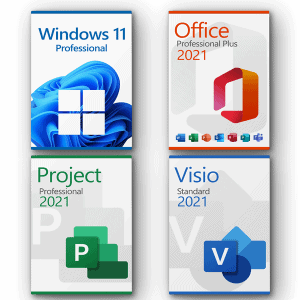 Microsoft Visio 2021 Standard, Microsoft Project 2021 Professional, Microsoft Office 2021 Professional Plus, Microsoft Windows 11 Professional Licence pour 3 PC